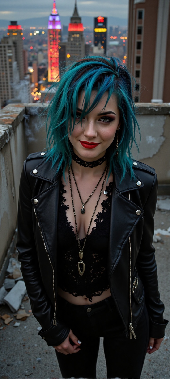 A gritty,  high-contrast shot frames the edgy figure on a crumbling rooftop,  where turquoise hair cascades over her shoul...