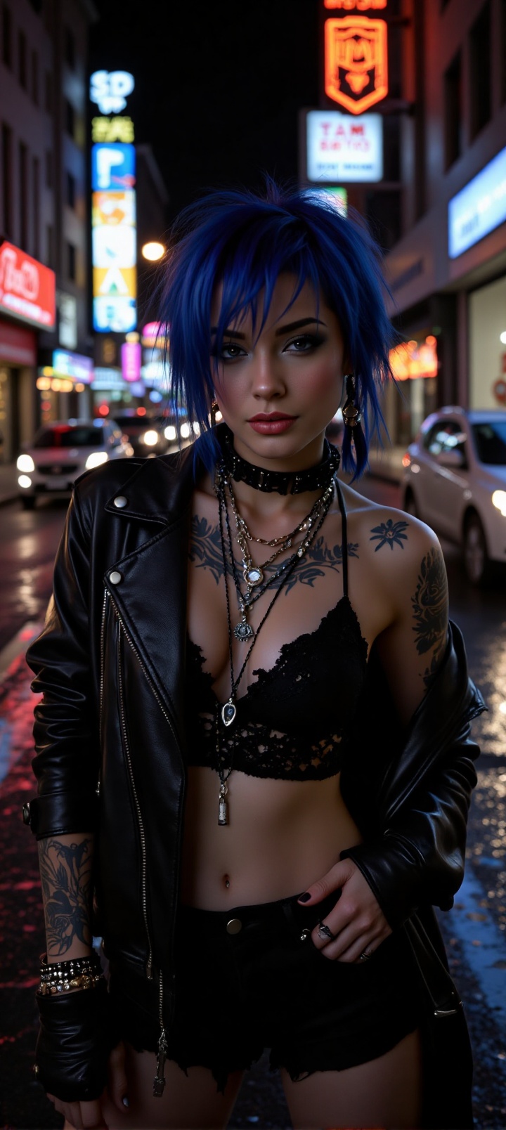 A close-up shot frames the rebel's defiant posture,  her bold blue locks illuminated by neon city lights reflecting off we...