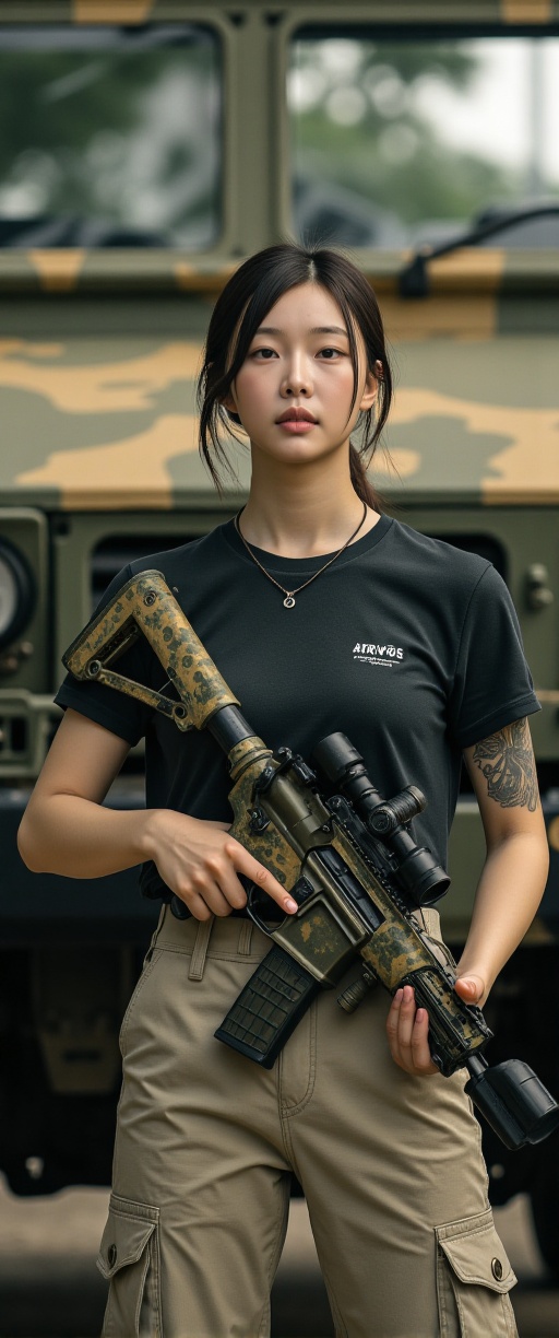 A luminous,  photorealistic image captures aThe image shows a person standing confidently with a rifle,  holding it firmly...