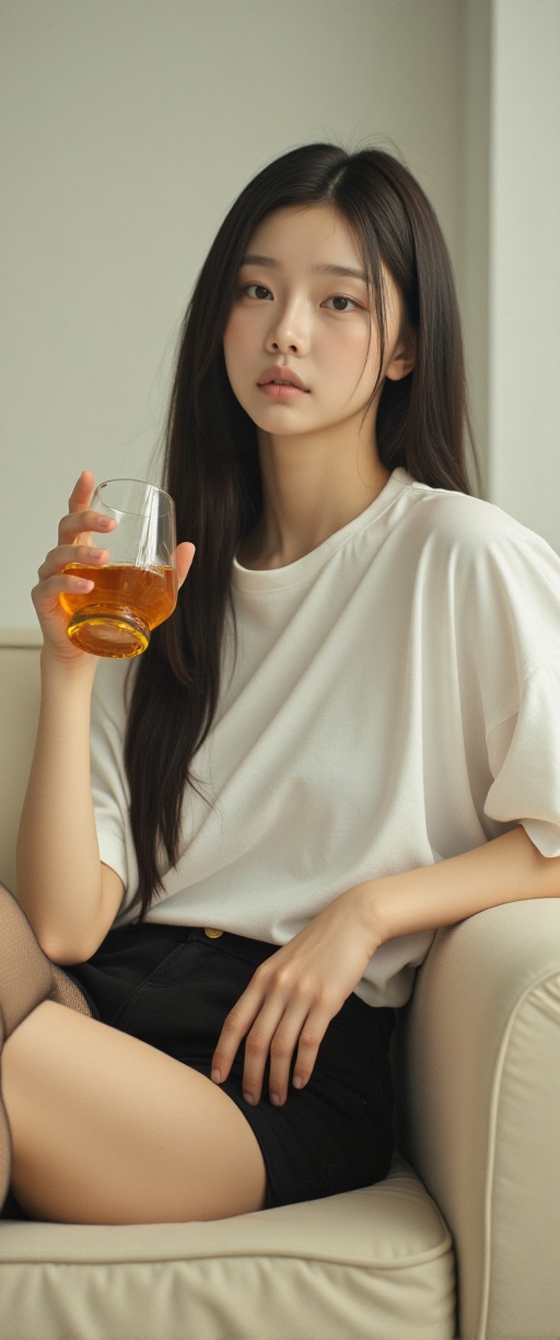 A luminous,  photorealistic image captures a The image depicts a woman with long black hair,  wearing a loose white t-shir...