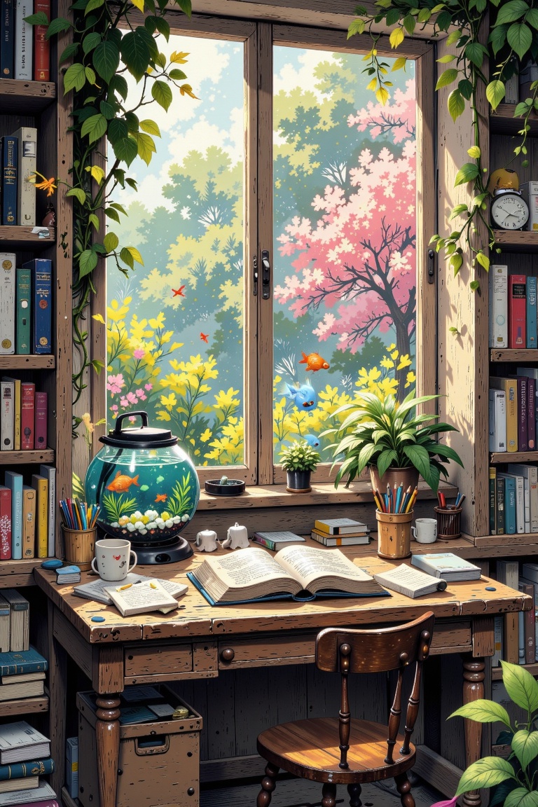 The image depicts a cozy and serene study room with a large window that offers a view of lush greenery and blooming flower...