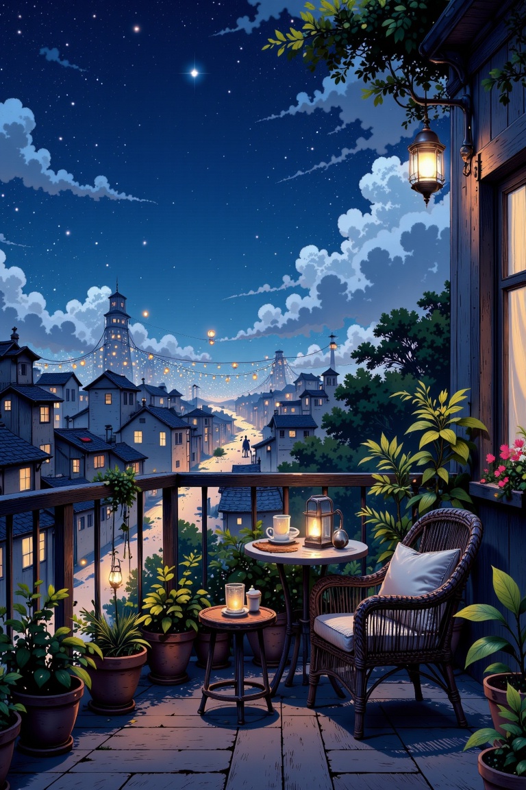 The image depicts a serene outdoor setting at night. A wooden balcony with a railing is adorned with potted plants and a s...