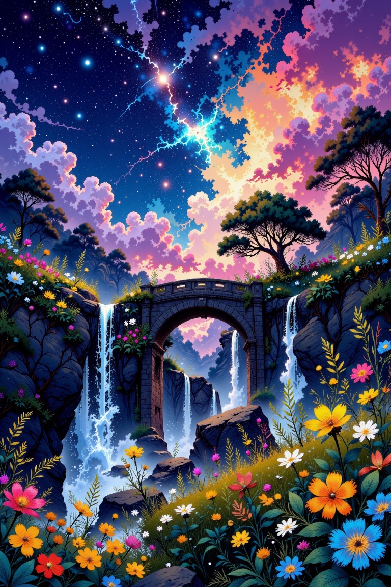 The image depicts a serene and vibrant landscape with a stone bridge arching over a lush,  colorful river. The bridge is s...