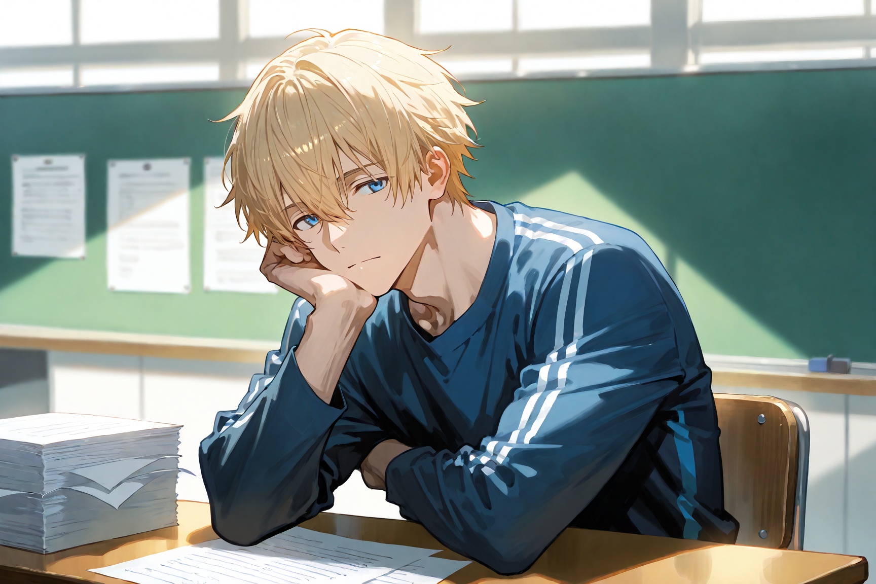 An animated image of a man. He is sitting at a desk with his hands resting on his chin.His shirt is white with a blue stri...