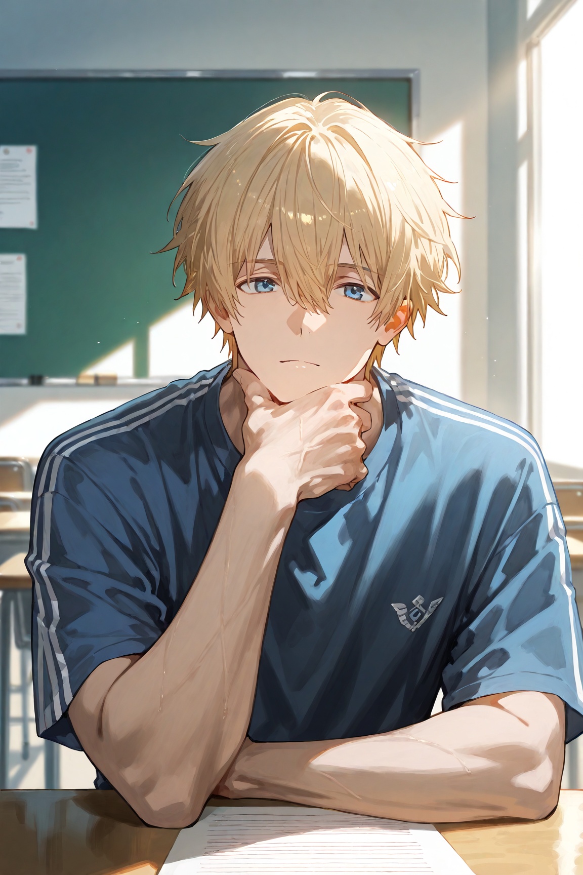 An animated image of a man. He is sitting at a desk with his hands resting on his chin.His shirt is white with a blue stri...