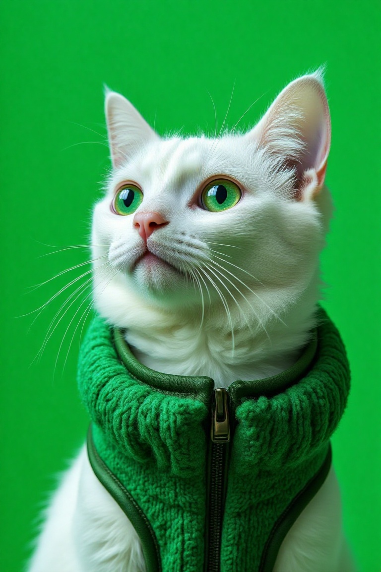 Photo of an all-white cat with green eyes,  wearing a green vest. The background is a vibrant green,  creating a striking...