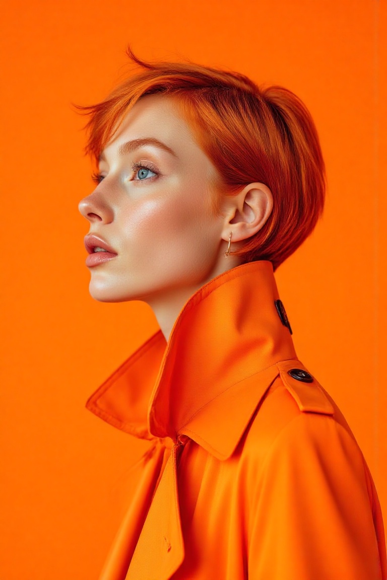 Profile photo of a white woman with short red hair and blue eyes,  wearing a light orange high-fashion overcoat. The backg...