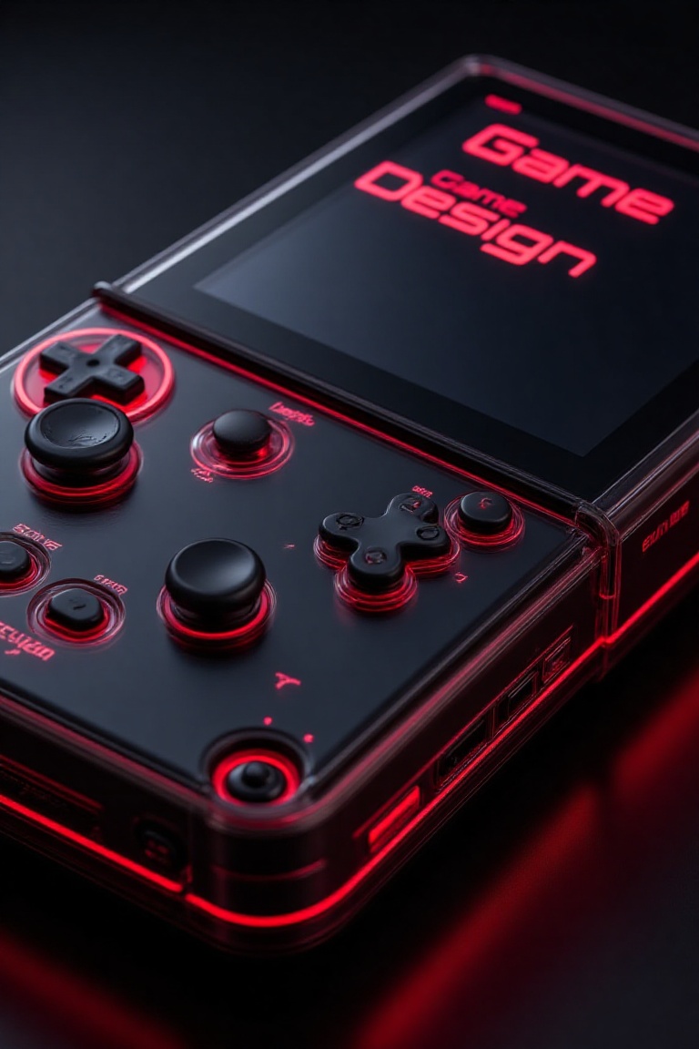 A retro portable gaming console in black with neon red details,  framed close-up to highlight its minimalist futuristic de...