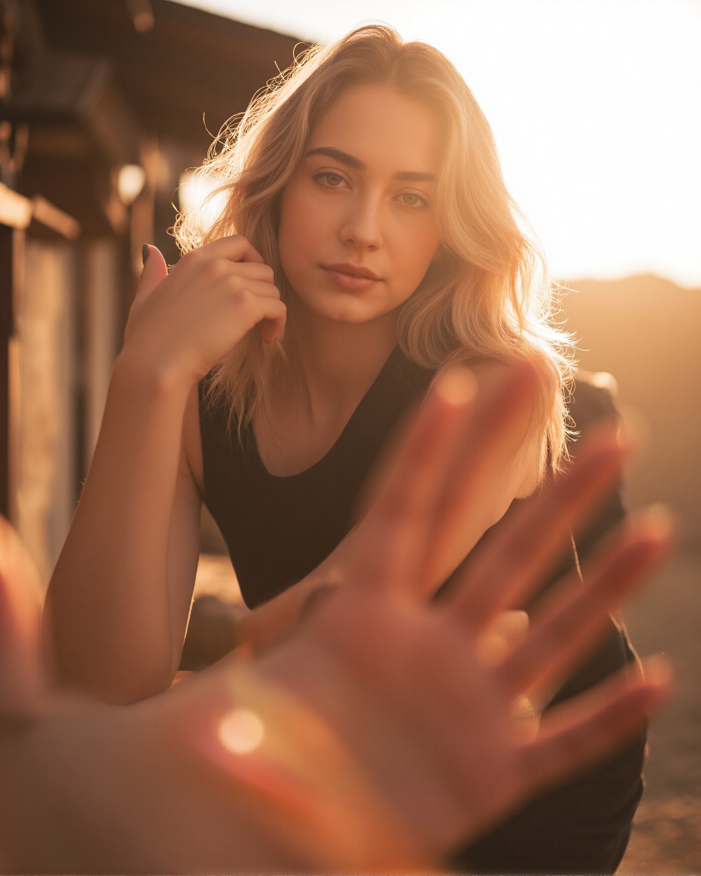 A photograph of an woman with long,  wavy blonde hair,  wearing a black top on Tensor.Art