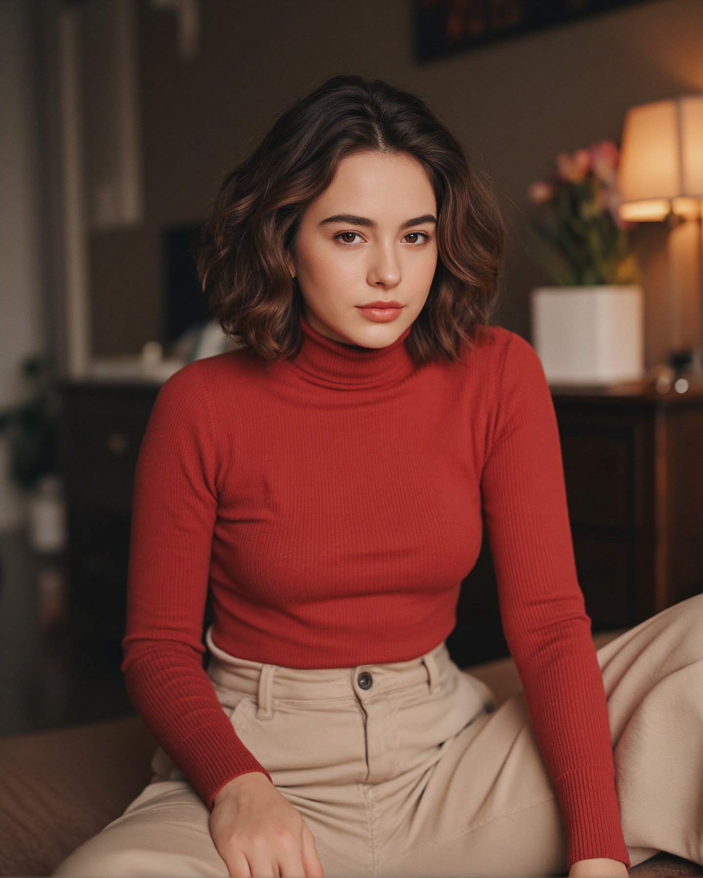 A photograph of a young woman with medium-length,  wavy brown hair,  wearing a red ribbed turtleneck sweater and beige pan...