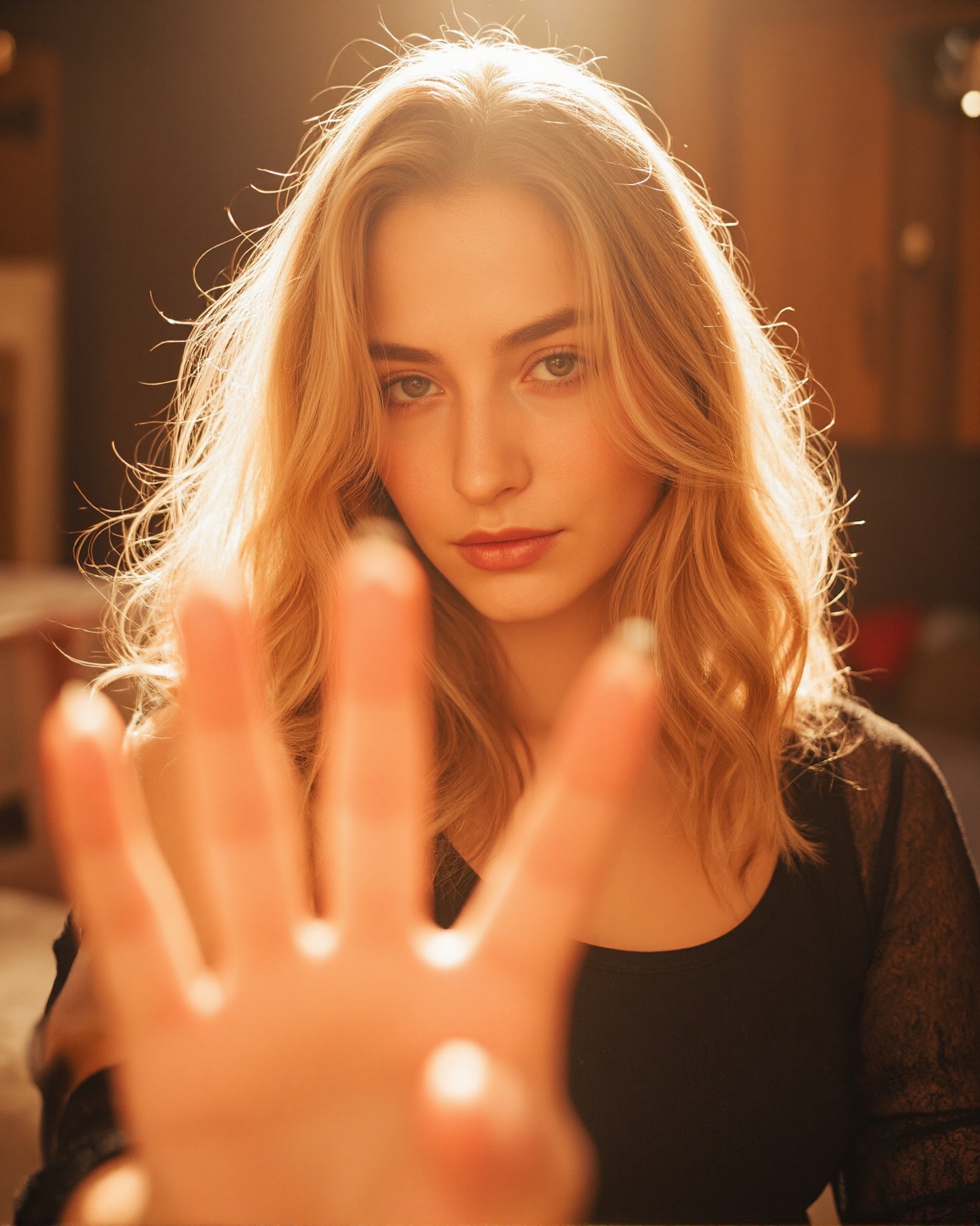 A photograph of an woman with long,  wavy blonde hair,  wearing a black top on Tensor.Art
