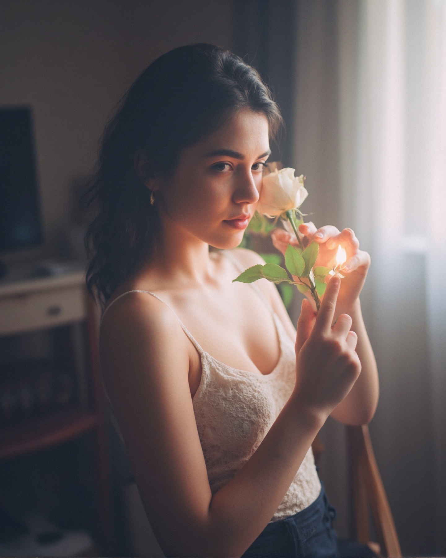 A photograph of a young woman with fair skin and dark hair,  wearing a lace camisole,  holding a lit rose close to her fac...