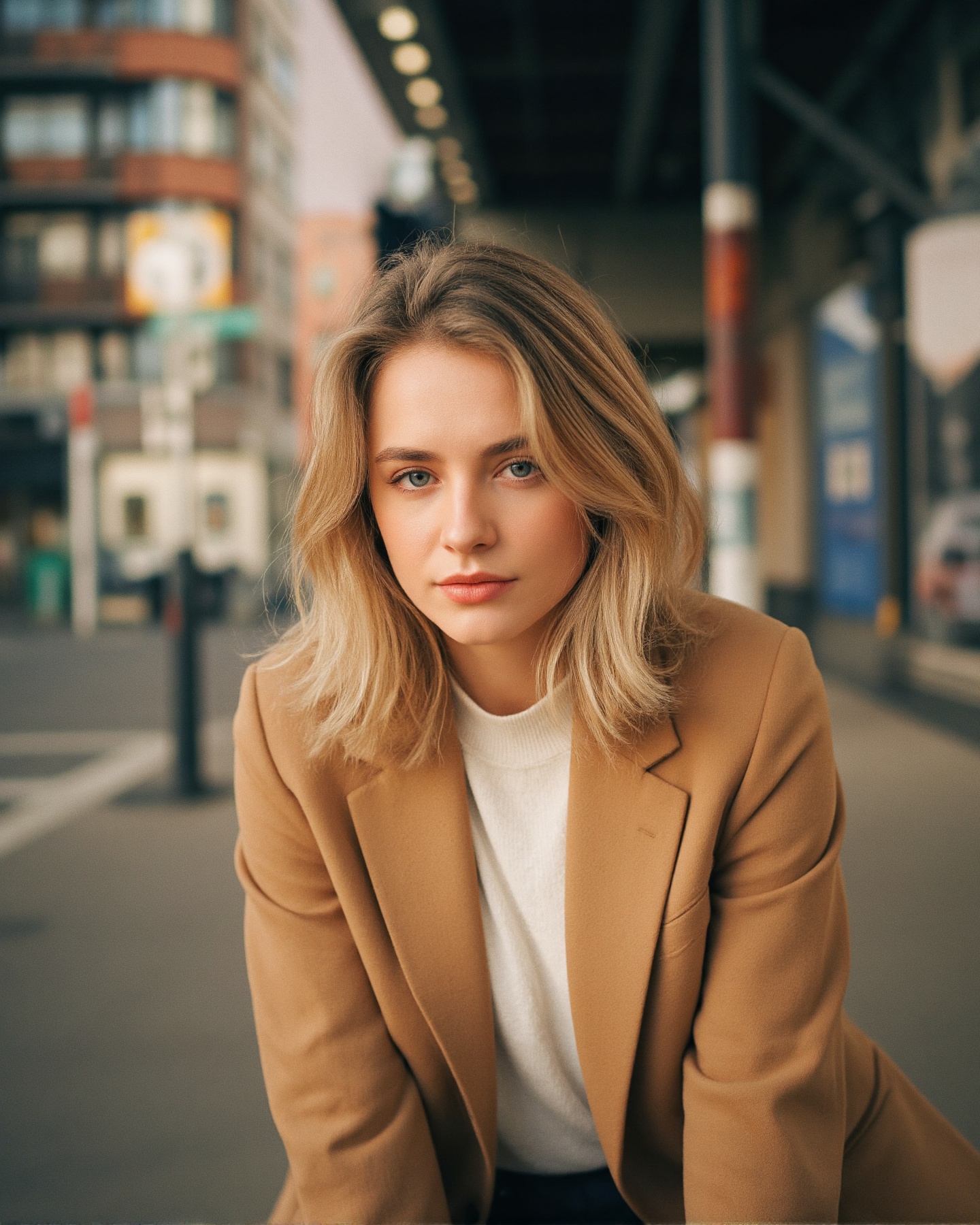 A photograph of a blonde woman with fair skin and blue eyes,  wearing a tan blazer and white sweater,  crouching on a city...