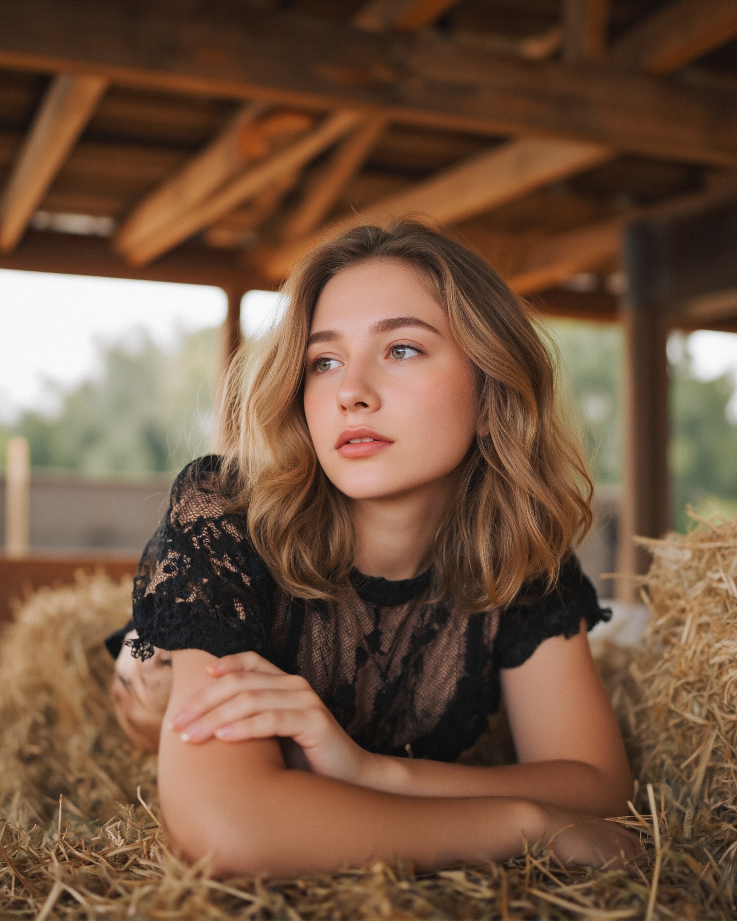 A photograph of a young woman with fair skin and long,  wavy,  light brown hair on Tensor.Art