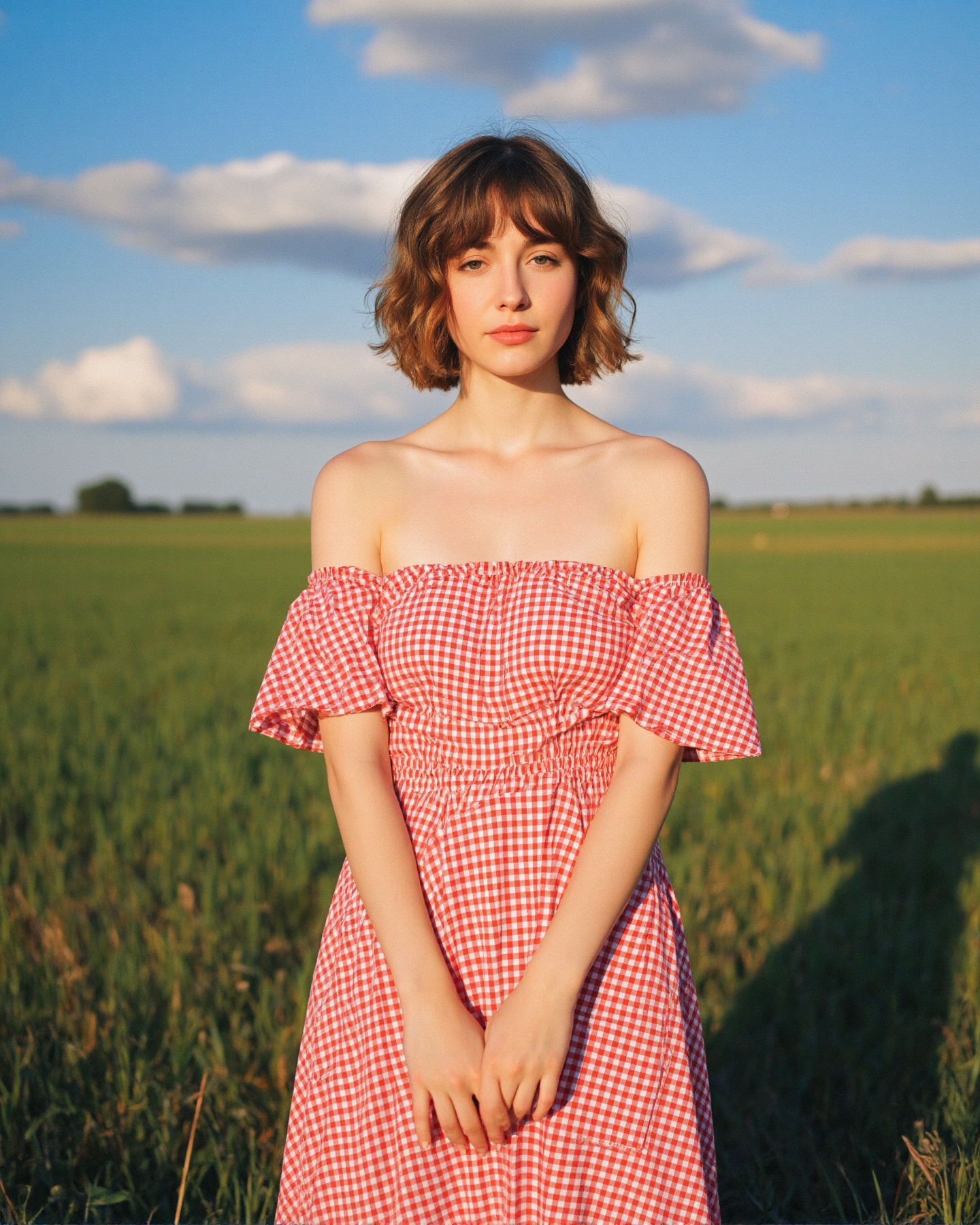 A photograph of a young woman with fair skin and wavy brown hair,  wearing an off-the-shoulder red and white gingham dress...