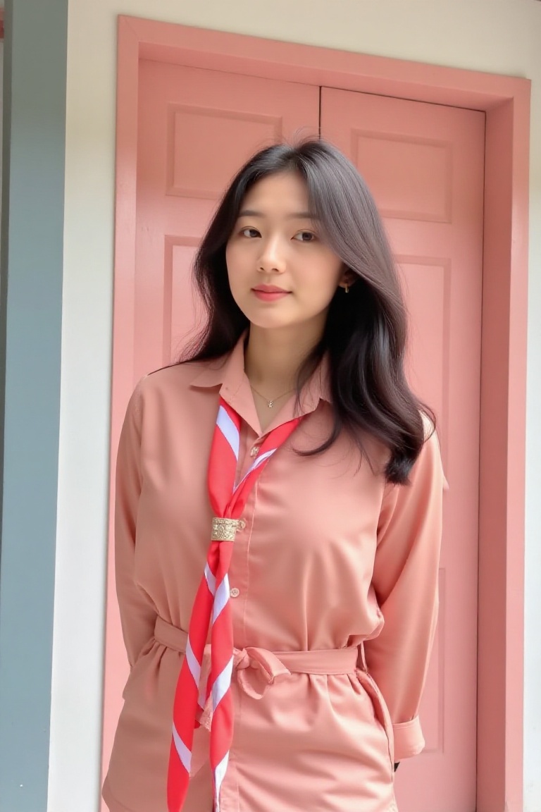 a young asian woman standing in a room with a pink and white color scheme. on Tensor.Art