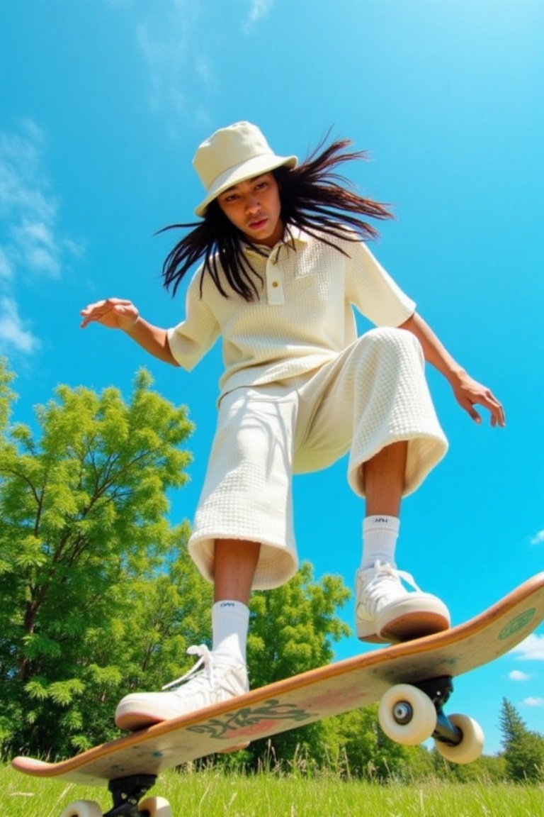 Dynamic low angle action shot of a skateboarder with long hair,  frozen mid-air during a jump. He is wearing an all-white...