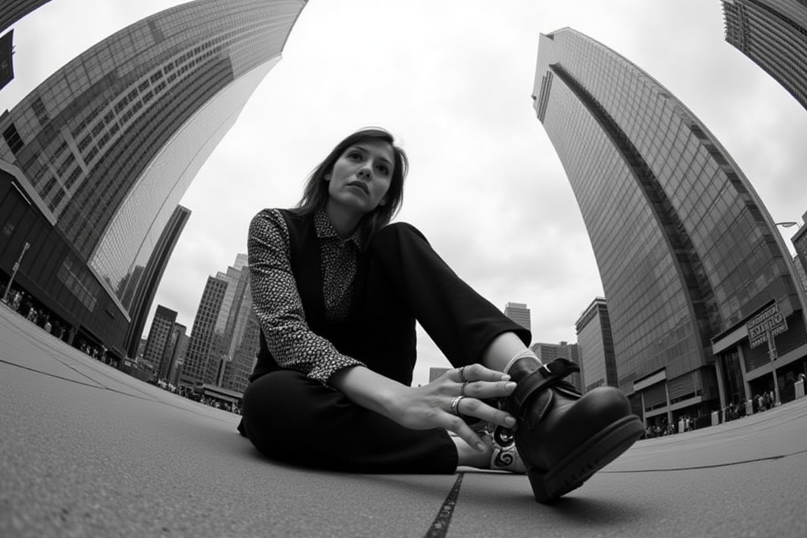 Extreme low angle shot using a wide-angle,  creating dramatic perspective distortion. An woman sits on a low concrete ledg...
