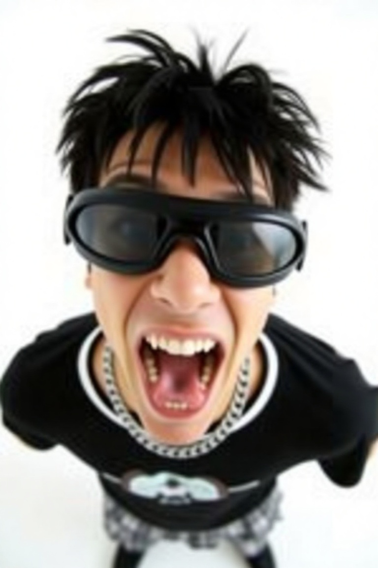 Extreme high-angle shot using a wide-angle,  looking down at a young man against a seamless white studio background. He lo...
