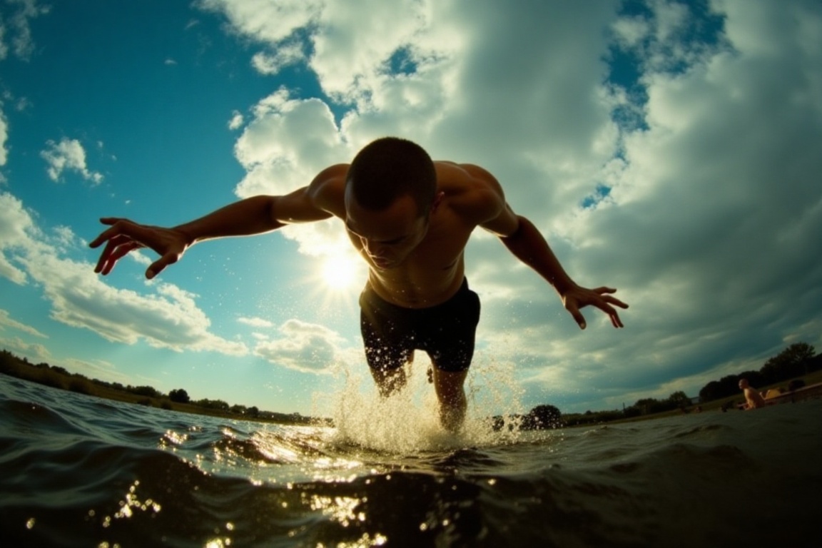 Extreme low-angle wide-angle shot (worm's-eye view) capturing a muscular man wearing dark swim trunks mid-leap,  appearing...