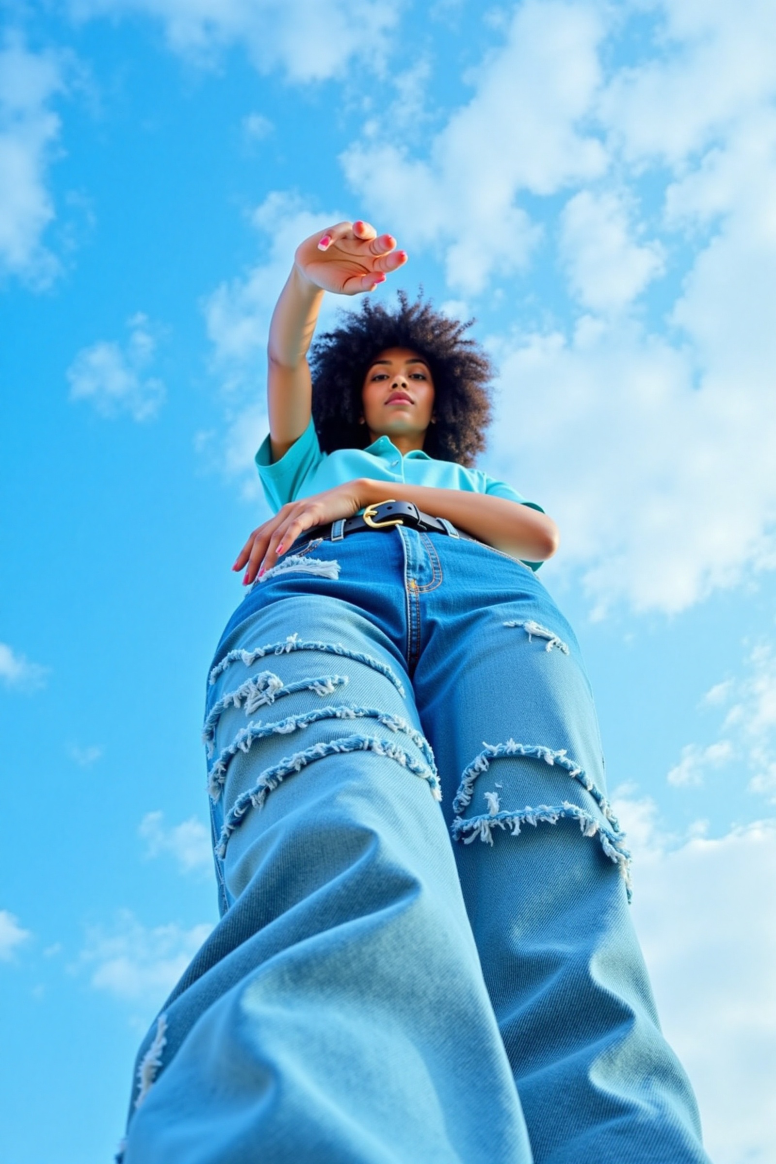Extreme low angle shot (worm's-eye view) of a young woman looking down directly at the camera,  one hand raised near her h...