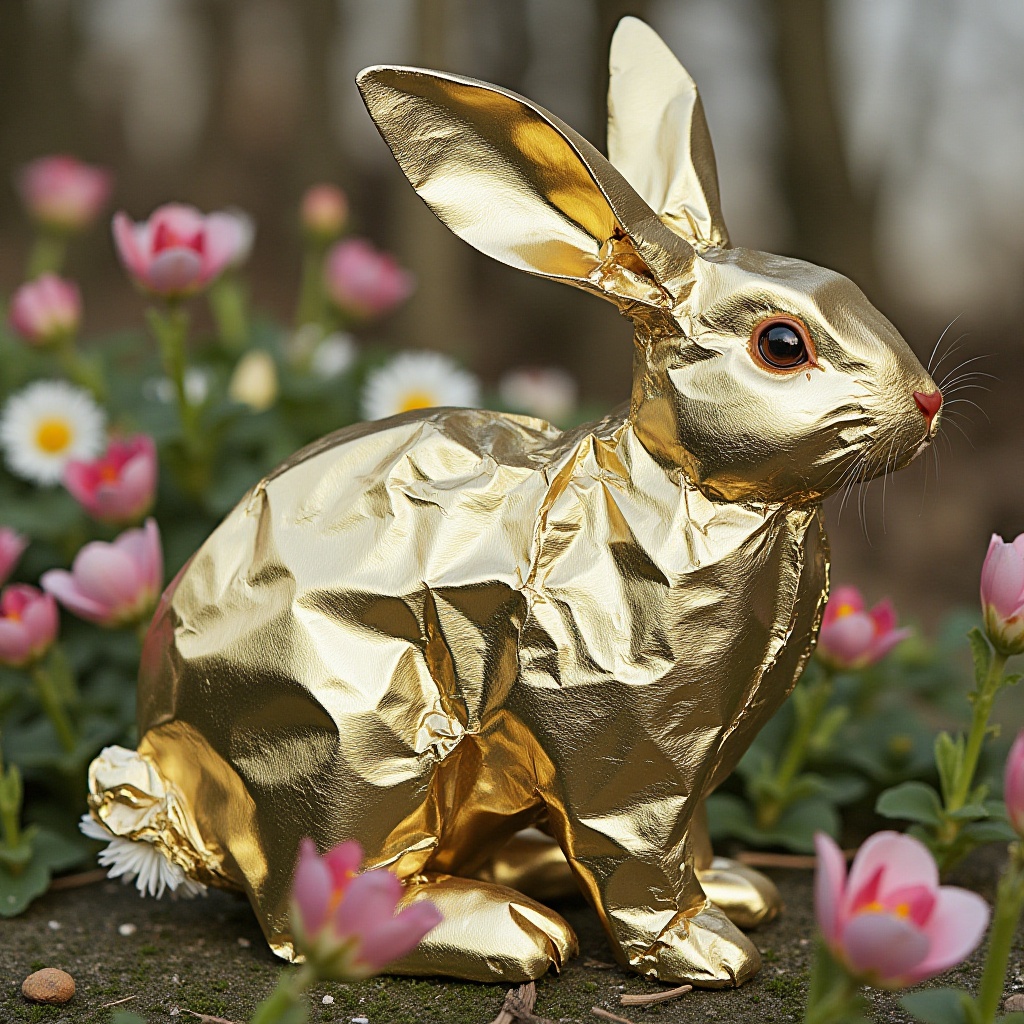 photograph of a rabbit made of crumpled gold foil playing on flowery garden on Tensor.Art