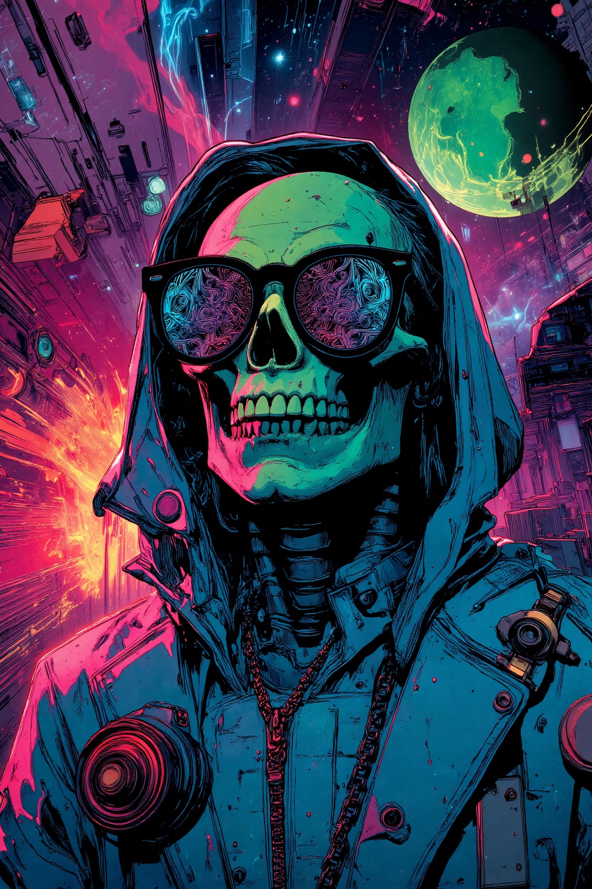 MJv7 style illustration,  The image is a vibrant and surreal illustration featuring a cyber-skeletal figure with a greenis...