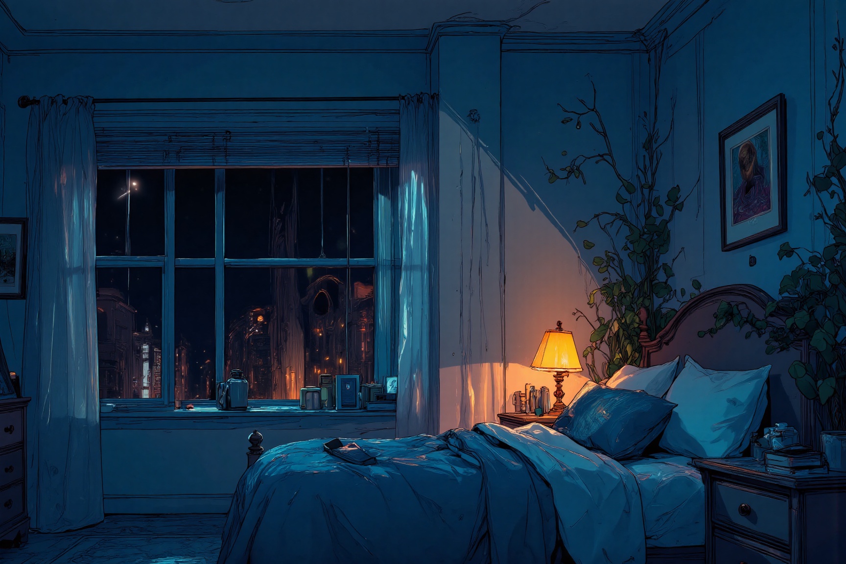 MJv7 style illustration,  The image depicts a cozy,  dimly lit bedroom at night on Tensor.Art