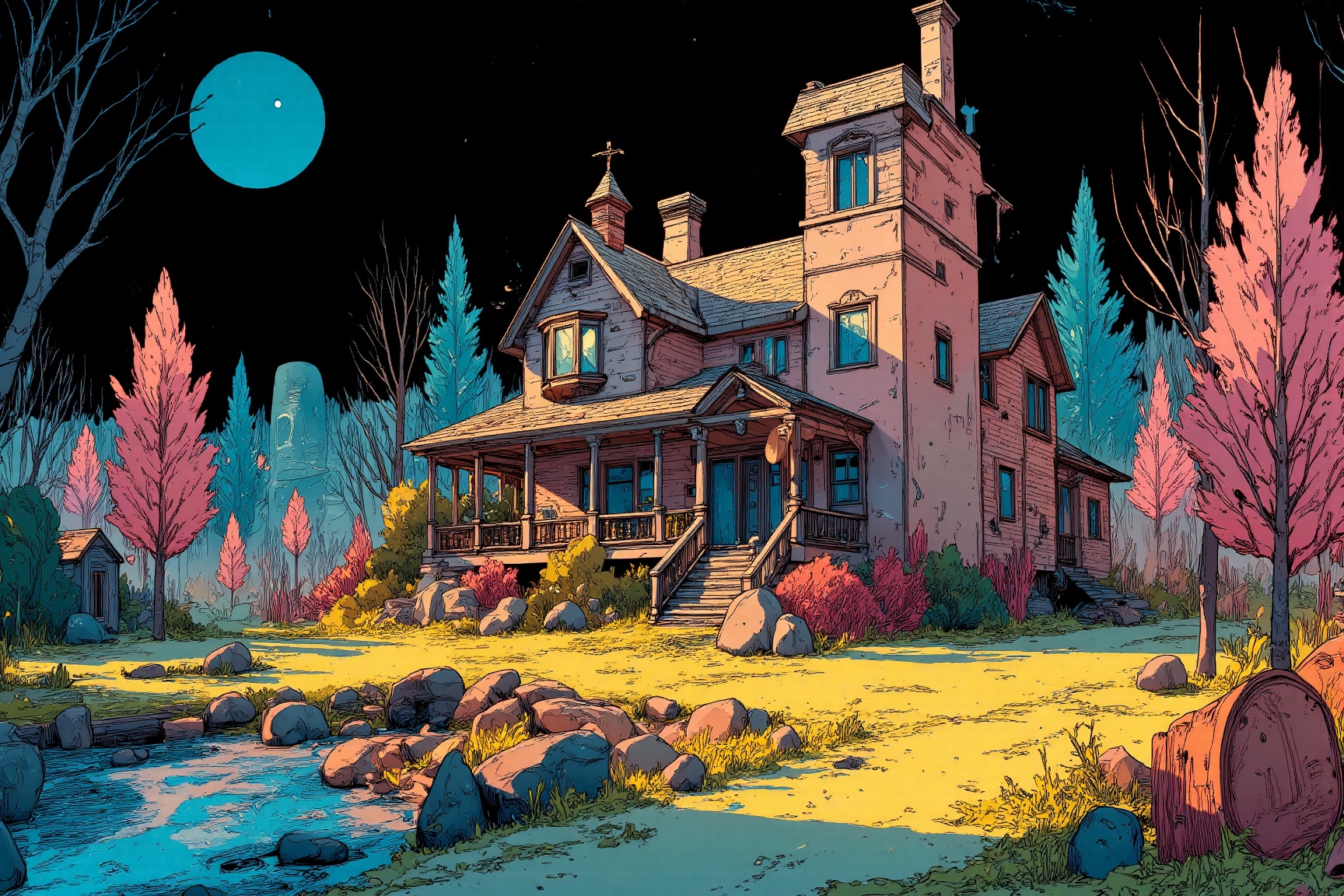 MJv7 style illustration,  The image depicts a whimsical and somewhat eerie scene of an old,  multi-story house with a prom...