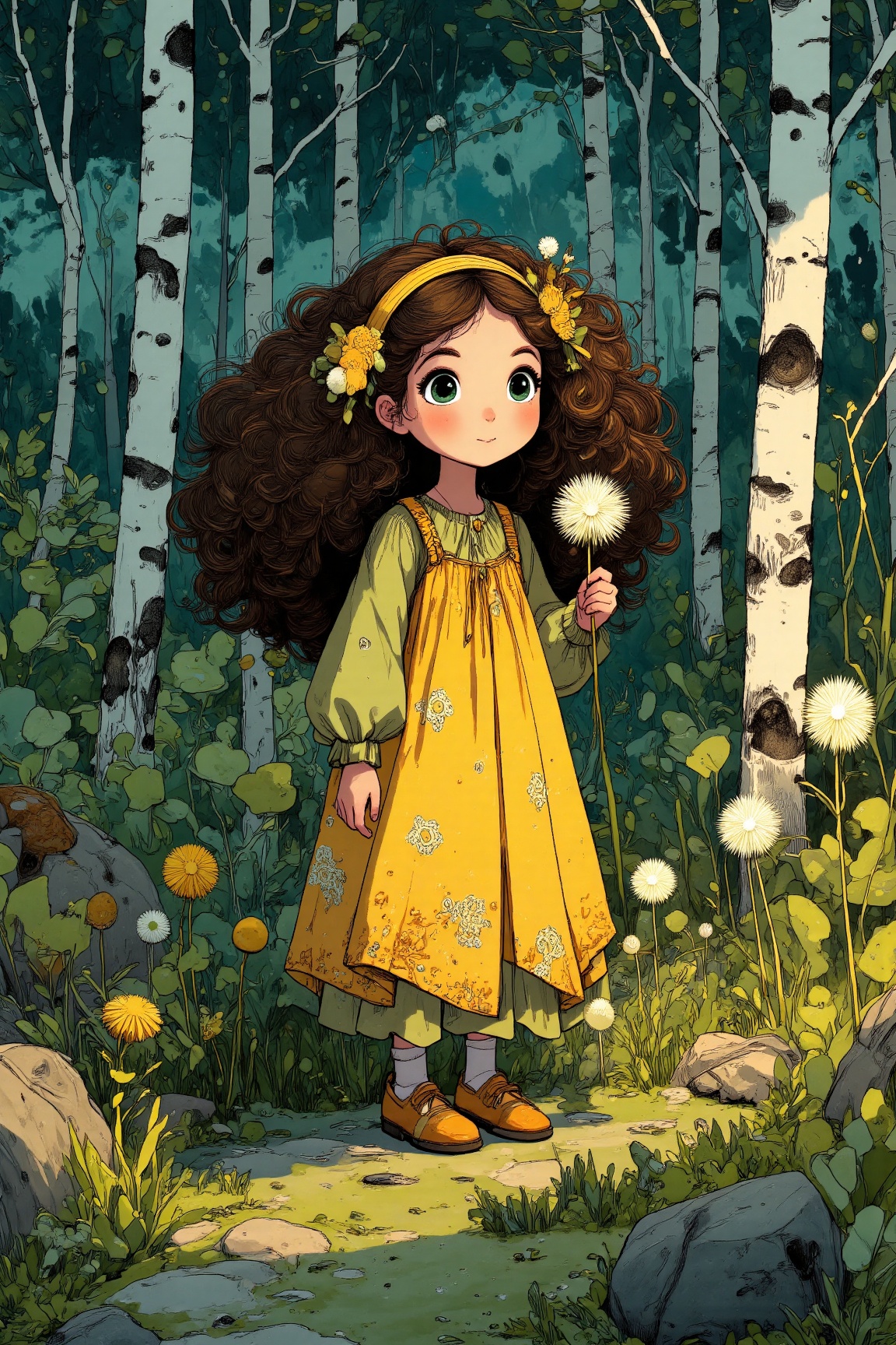 MJv7 style illustration,  The image depicts a whimsical and enchanting scene set in a lush forest. A young girl with long,...