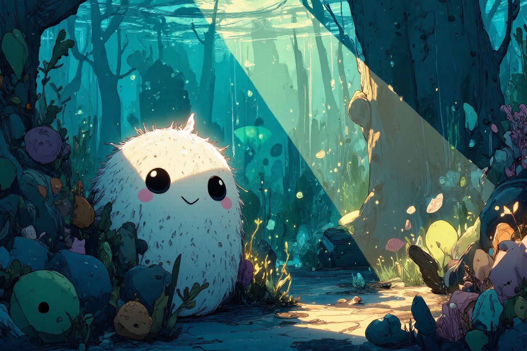 MJv7 style illustration,  The image depicts a whimsical underwater scene with a cute,  white on Tensor.Art