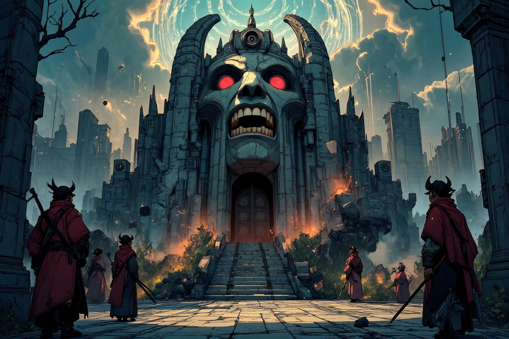 MJv7 style illustration,  The image depicts a dramatic and eerie scene featuring a large,  ancient stone structure with a...