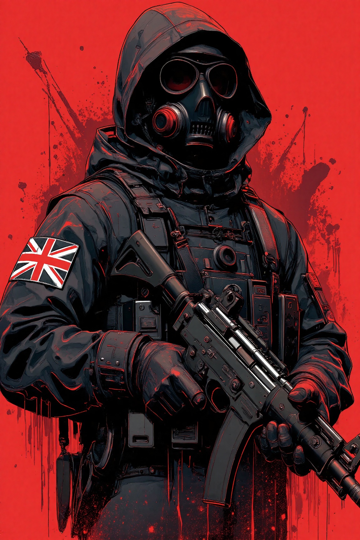 MJv7 style illustration,  The image depicts a person clad in tactical gear,  including a gas mask and a black tactical ves...