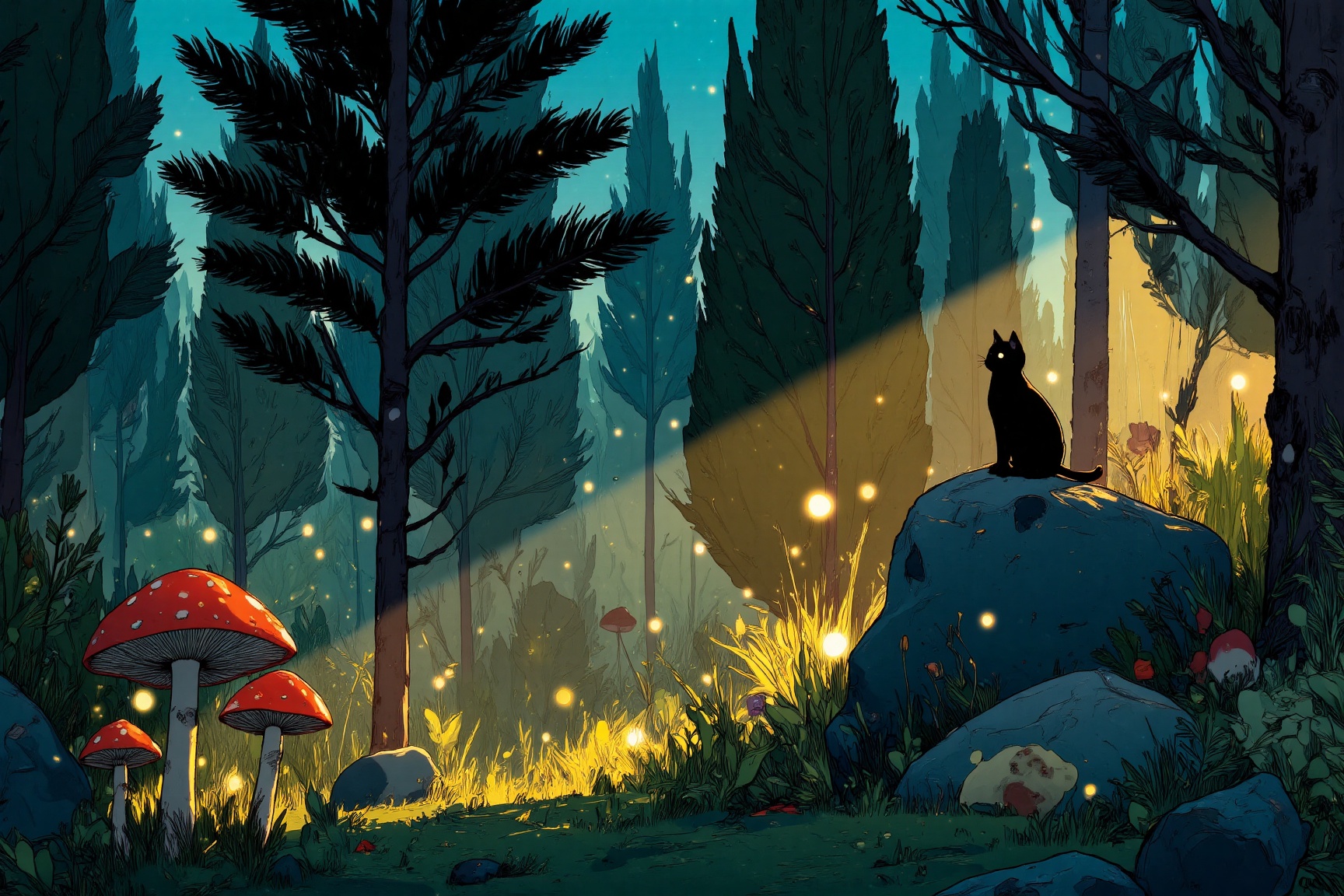 MJv7 style illustration,  The image depicts a serene and enchanting forest scene at night. Tall trees with dark green foli...
