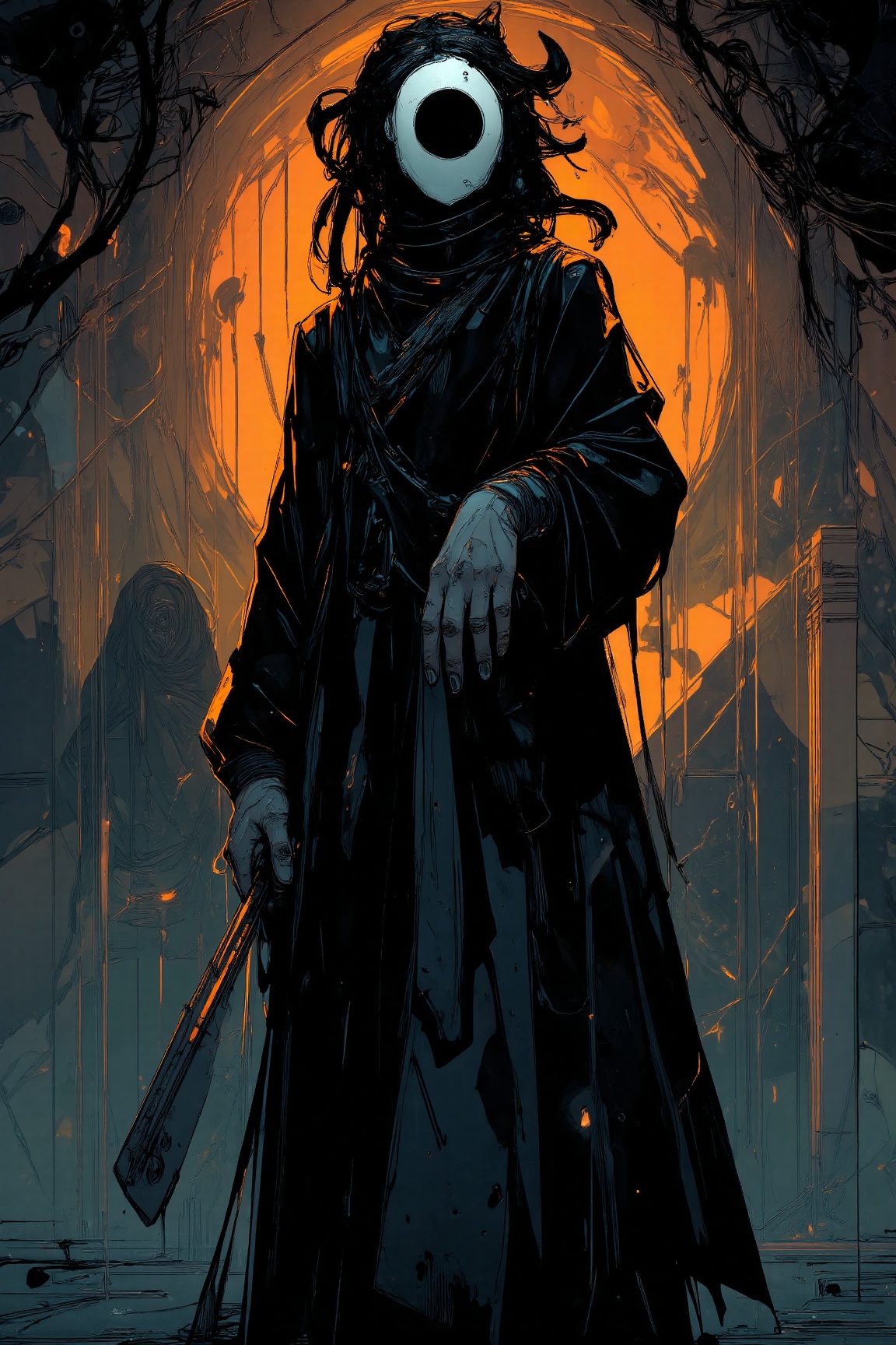 MJv7 style illustration,  The image depicts an eerie,  dark scene with a central figure that appears to be a humanoid figu...