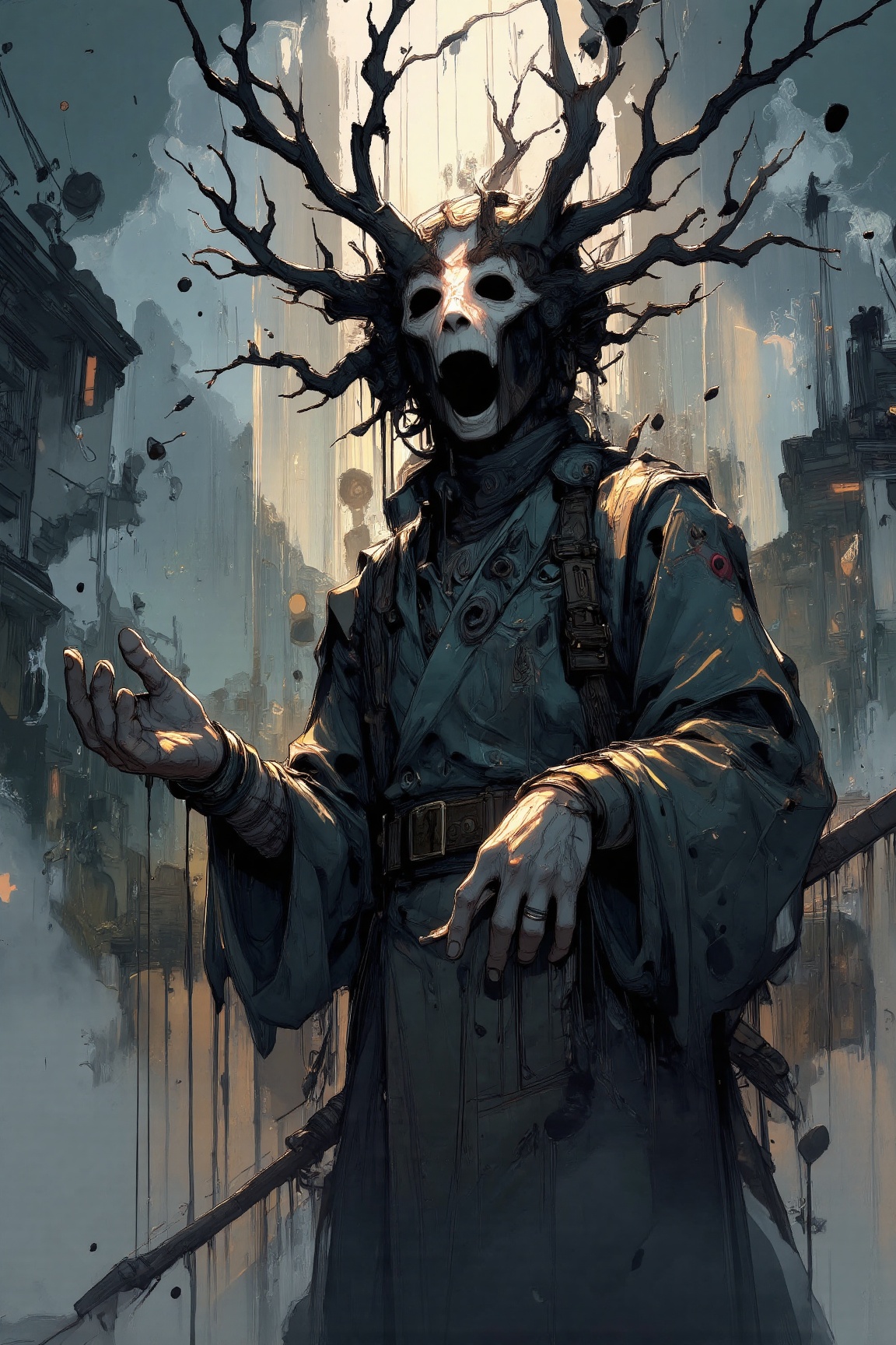 MJv7 style illustration,  The image is a piece of abstract art characterized by its use of dark,  smoky tones and a sense...