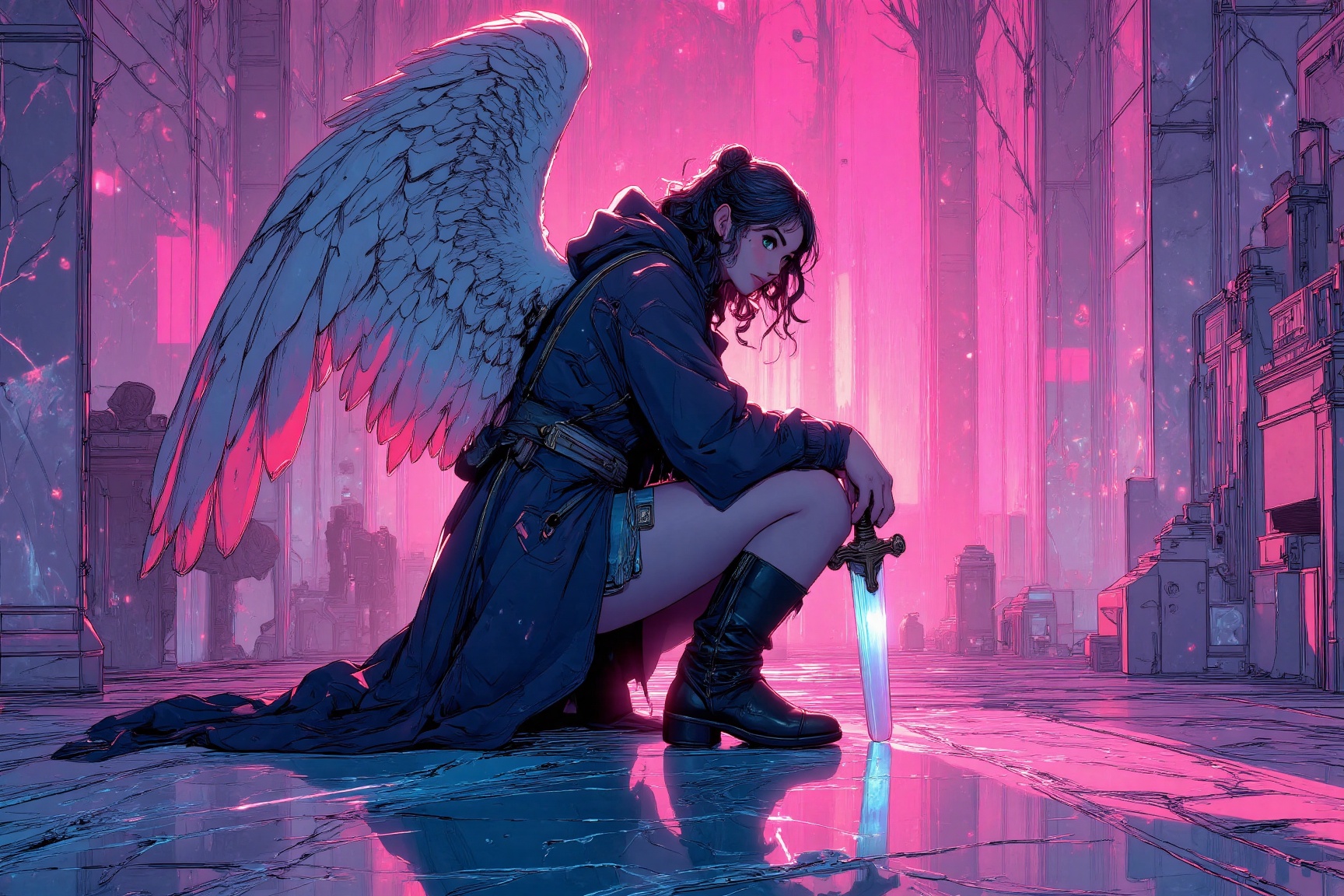 MJv7 style illustration,  The image depicts an ethereal and fantastical scene featuring a figure with angelic wings,  knee...