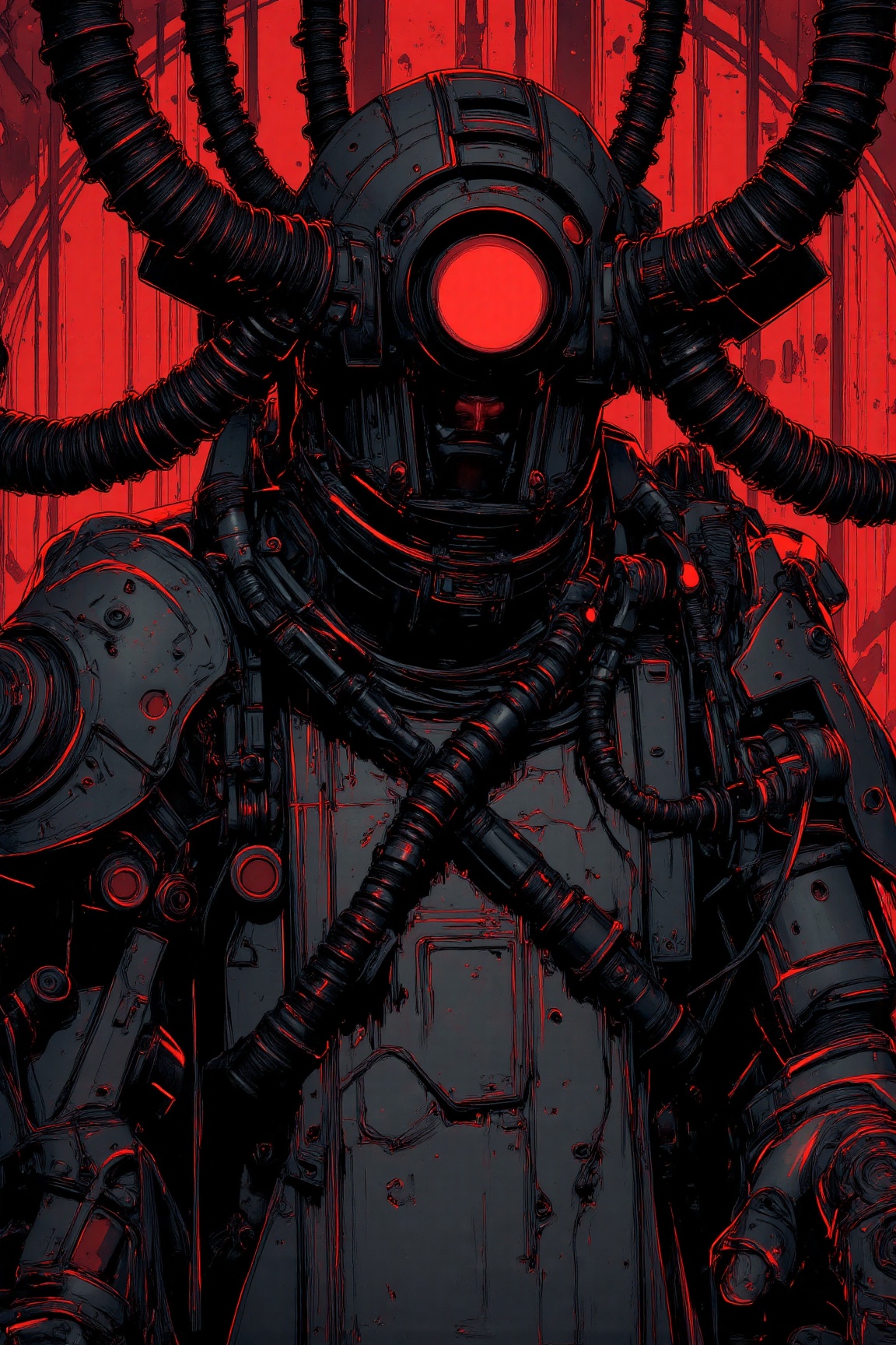 MJv7 style illustration,  The image depicts a close-up of a robotic or mechanical figure with a prominent,  glowing red ey...
