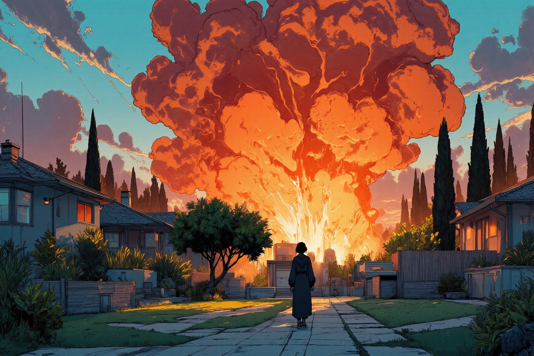 MJv7 style illustration,  The image depicts a suburban neighborhood under a dramatic sky where a massive explosion has occ...