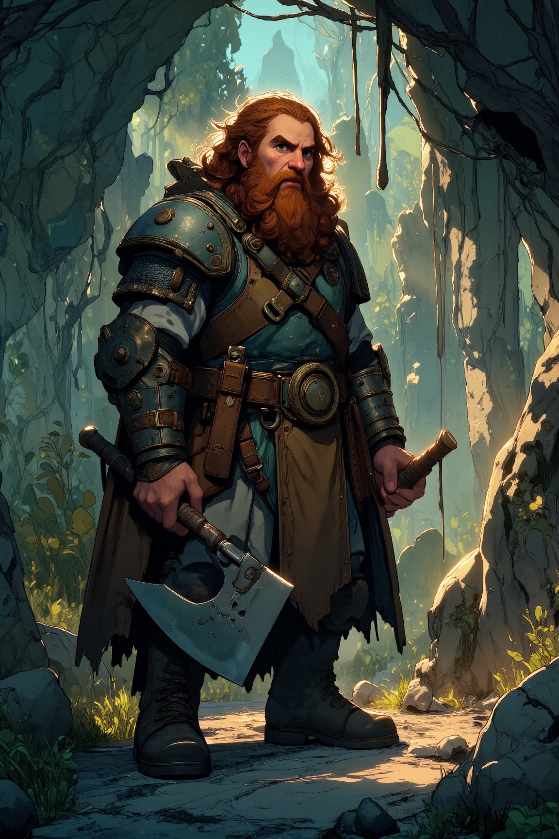 MJv7 style illustration,  The image depicts a rugged dwarf standing in a rocky,  cave-like environment. The dwarf is clad...