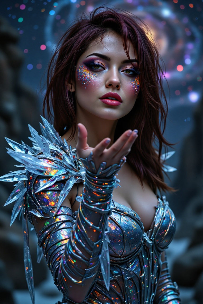 A celestial beauty emerges from the darkness,  her rain-kissed skin glistening like diamonds in the dimly lit setting. Iri...