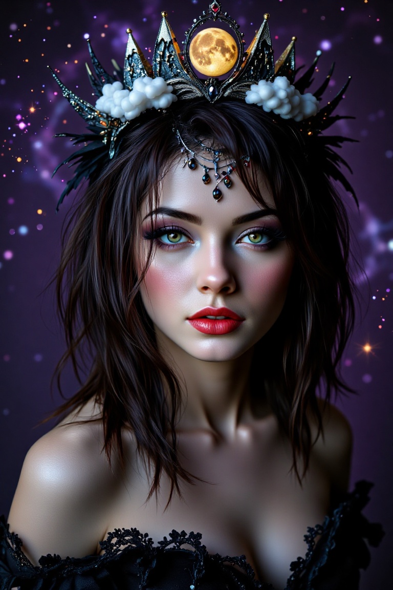 A close-up portrait of a Gothic lady with pale skin,  crimson lips,  and dark eyes gazing directly at the camera. Her intr...