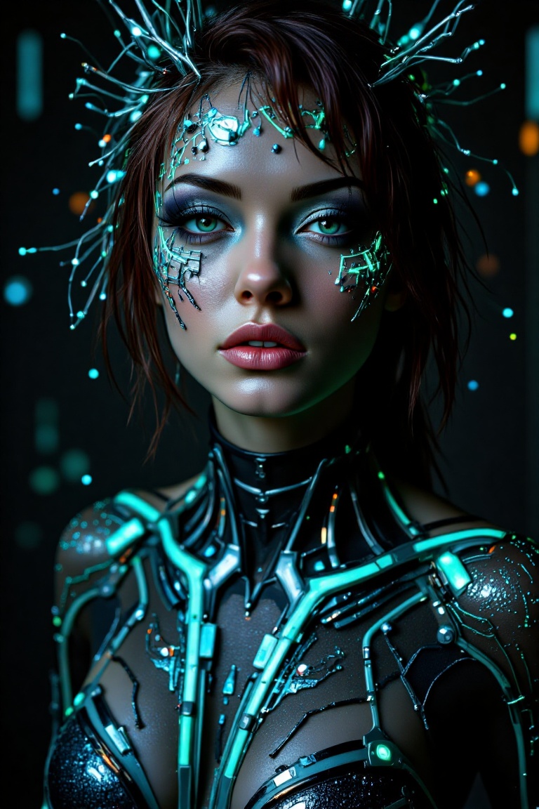 A gothic cyberpunk woman with electric blue eyes and turquoise circuits under her skin,  wearing a jade-green bodysuit wit...