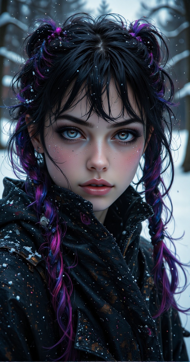A mysterious,  attractive woman with a pale face and jet-black smokey eyes,  wearing black glossy wet-look lipgloss. Her v...
