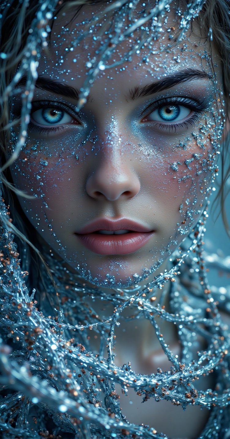 A mesmerizing mermaid emerges from the frosty depths,  her skin and hair encrusted in delicate ice crystals,  as the camer...