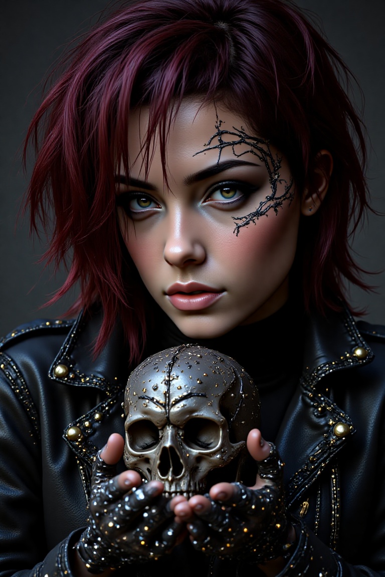 A gothic woman with multicolored cyberpunk hair holds a skull in her hands. Detailed organic implants weave across her ski...