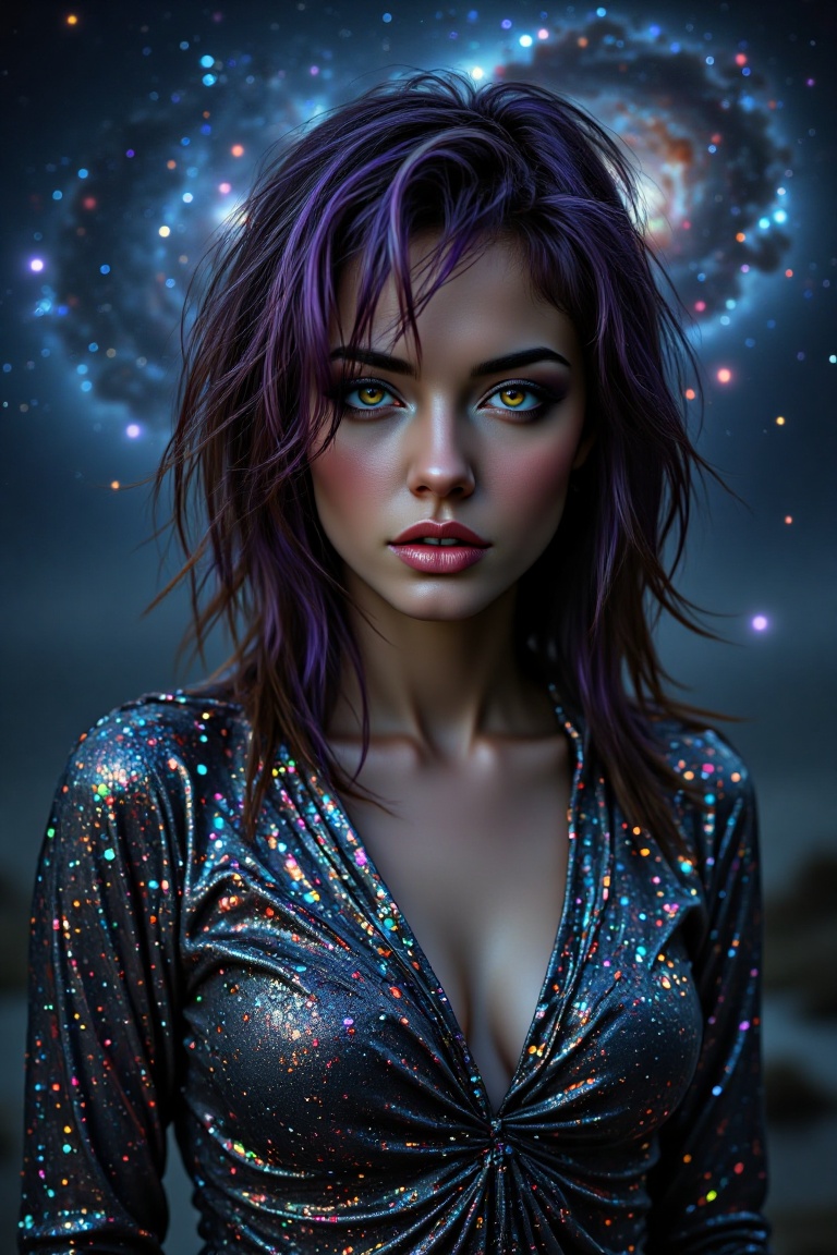 A woman stands under a starry sky,  her metallic dress shimmering with raindrops. Iridescent hair flows around her face,...