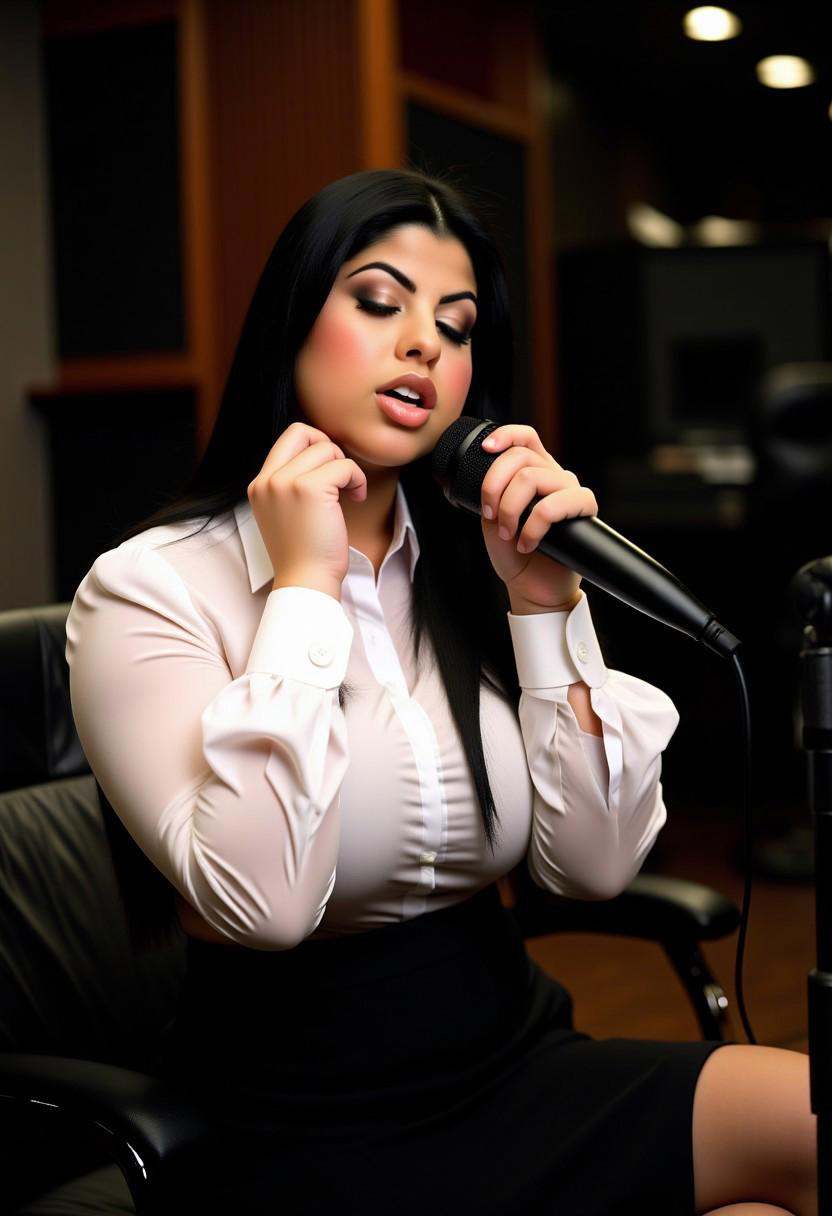Carm3lla passionately singing in a recording studio,  puffy sleeve white shirt,  black skirt on Tensor.Art