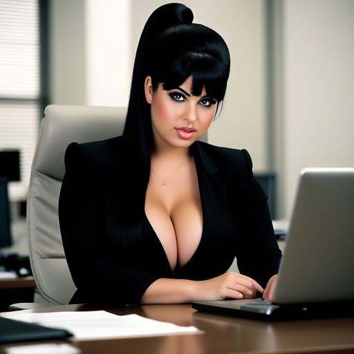 hyper-realistic digital drawing of a woman sitting at a desk in what appears to be an office environment. The woman is of...