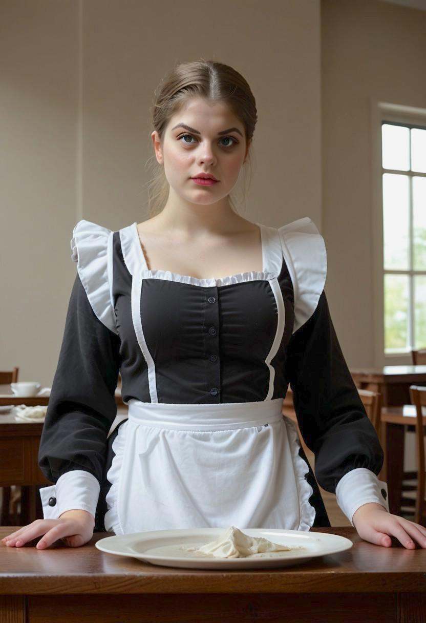 PaulaBr33n as a maid dusting a table,  dustcloth,  looking down on Tensor.Art